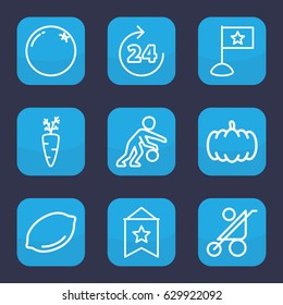Orange icon. set of 9 outline orange icons such as 24 hours, pumpkin, orange, lemon, baby stroller, basketball player, flag