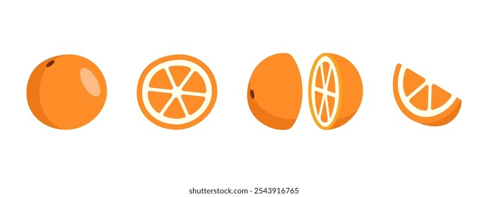 Orange icon set. Citrus fruit pieces vector illustration collection. Juicy orange cut in a half symbol. Tangerine slice pictogram. Tropical orange juice sign. Vitamin C nourishment concept isolated.