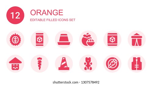 orange icon set. Collection of 12 filled orange icons included Durian, d, Creme caramel, Mangosteen, Chinese, Carrot, Traffic cone, Gummy bear, Tent, Lifejacket