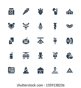 orange icon set. Collection of 25 filled orange icons included Tent, d, Traffic cone, Mangosteen, Juice, Gummy bear, Pumpkin, Red card, Melon, Carrot, Papaya, Fruits, Fox, Lemonade
