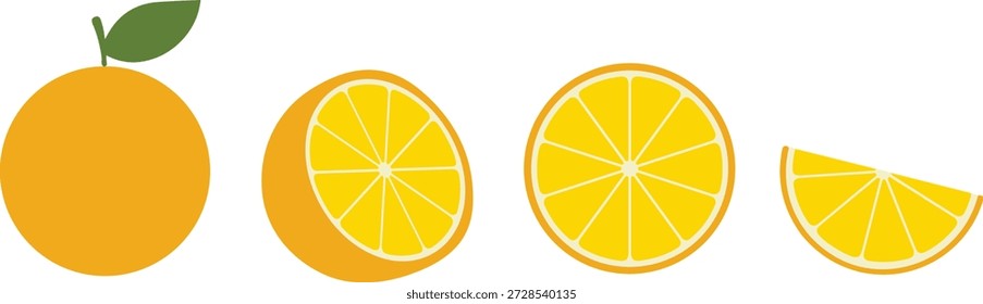  Orangefarbene Ikonensätze, ganze Früchte, Hälften und Scheiben - Minimalistische Vektorgrafik von Zitruselementen