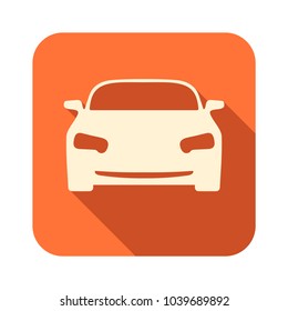 Orange icon with shadow effect with car image. Front view. Car icon