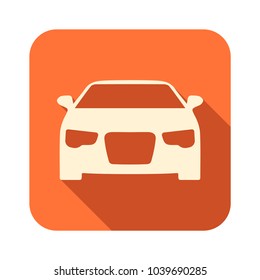 Orange icon with shadow effect with car image. Front view. Car icon