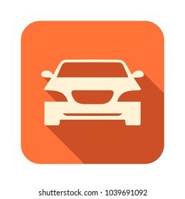 Orange icon with shadow effect with car image. Front view. Car icon