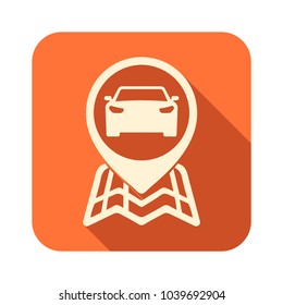 Orange icon with a shadow effect showing the location of the car on the map. Transport location icon on the map