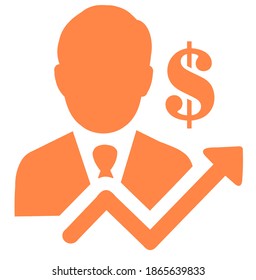 Orange Icon showing a man with an arrow going upwards and a dollar sign in white background.