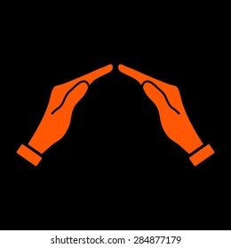 Orange Icon of two hands with shadow on a black background