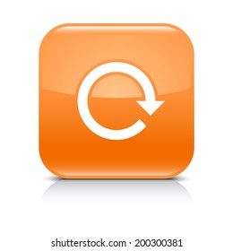 Orange icon with white arrow repeat, reload, refresh, rotation sign. Set 02. Rounded square button with gray reflection, black shadow on white background. Vector illustration web design in 8 eps