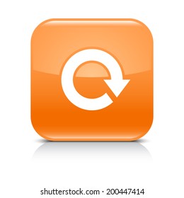 Orange icon with white arrow repeat, reload, refresh, rotation sign. Set 03. Rounded square button with gray reflection, black shadow on white background. Vector illustration web design in 8 eps