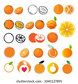 Orange icons big set. Different styles - flat,realistic, hand drawn, painted mosaic