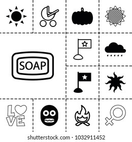 Orange icons. set of 13 editable filled and outline orange icons such as sun, pumpkin, flag, baby stroller, soap, bonfire, sunflower, female, shocked emoji