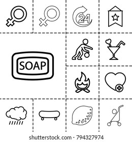Orange icons. set of 13 editable outline orange icons such as sun, female, soap, skate, add favorite, cocktail, basketball player, flag, bonfire, lemon, 24 hours