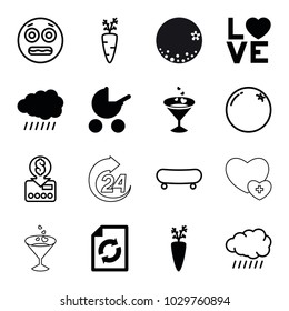Orange icons. set of 16 editable filled and outline orange icons such as sun, baby stroller, reload, carrot on fork, love word, orange, put money on card, shocked emoji, skate