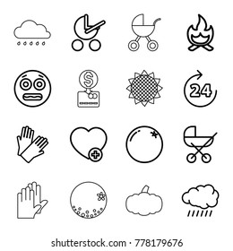 Orange icons. set of 16 editable outline orange icons such as sun, orange, 24 hours, baby stroller, gloves, shocked emoji, add favorite, bonfire, pumpkin, sunflower