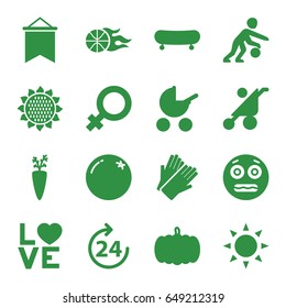 Orange icons set. set of 16 orange filled icons such as sun, pumpkin, orange, sunflower, 24 hours, baby stroller, female, gloves, shocked emoji, love word, basketball