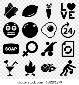 Orange icons set. set of 16 orange filled icons such as orange, lemon, 24 hours, baby stroller, female, soap, gloves, reload, shocked emoji, love word, cocktail, egg