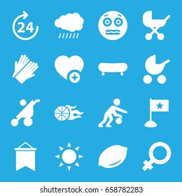 Orange icons set. set of 16 orange filled icons such as sun, lemon, 24 hours, baby stroller, female, gloves, shocked emoji, add favorite, basketball, basketball player, flag