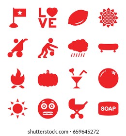 Orange icons set. set of 16 orange filled icons such as sun, pumpkin, orange, sunflower, lemon, baby stroller, soap, shocked emoji, love word, cocktail, basketball player