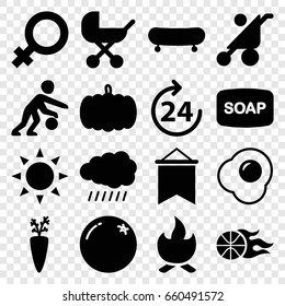 Orange icons set. set of 16 orange filled icons such as sun, pumpkin, orange, 24 hours, baby stroller, female, soap, egg, basketball, basketball player, bonfire, flag, skate
