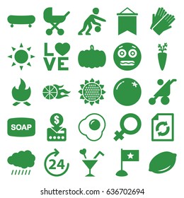 Orange icons set. set of 25 orange filled icons such as sun, pumpkin, orange, sunflower, lemon, 24 hours, baby stroller, female, soap, gloves, reload, shocked emoji, love word