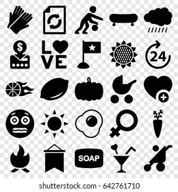 Orange icons set. set of 25 orange filled icons such as sun, pumpkin, sunflower, lemon, 24 hours, baby stroller, female, soap, gloves, reload, shocked emoji, add favorite