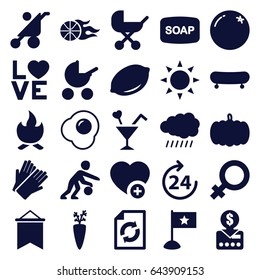 Orange icons set. set of 25 orange filled icons such as sun, pumpkin, orange, lemon, 24 hours, baby stroller, female, soap, gloves, reload, add favorite, love word, cocktail