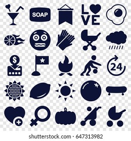 Orange icons set. set of 25 orange filled icons such as sun, pumpkin, orange, sunflower, lemon, 24 hours, baby stroller, female, soap, gloves, shocked emoji, add favorite