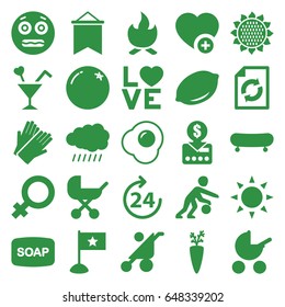 Orange icons set. set of 25 orange filled icons such as sun, orange, sunflower, lemon, 24 hours, baby stroller, female, soap, gloves, reload, shocked emoji, add favorite