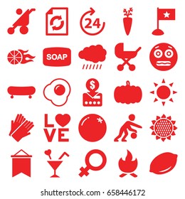 Orange icons set. set of 25 orange filled icons such as sun, pumpkin, orange, sunflower, lemon, 24 hours, baby stroller, female, soap, gloves, reload, shocked emoji, love word