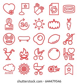 Orange icons set. set of 25 orange outline icons such as 24 hours, sun, pumpkin, orange, sunflower, lemon, baby stroller, soap, gloves, reload, add favorite, love word