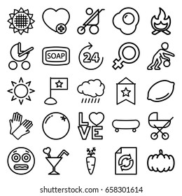 Orange icons set. set of 25 orange outline icons such as 24 hours, sun, pumpkin, orange, sunflower, lemon, baby stroller, female, soap, gloves, reload, add favorite, love word
