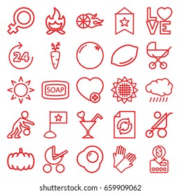 Orange icons set. set of 25 orange outline icons such as 24 hours, sun, pumpkin, orange, sunflower, lemon, baby stroller, female, soap, gloves, reload, add favorite, love word