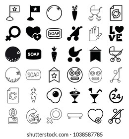 Orange icons. set of 36 editable filled and outline orange icons such as 24 hours, baby stroller, female, soap, carrot on fork, cocktail, egg, flag, orange, reload