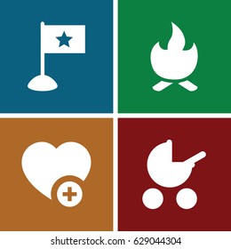Orange icons set. set of 4 orange filled icons such as baby stroller, add favorite, bonfire