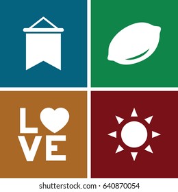 Orange icons set. set of 4 orange filled icons such as sun, lemon, love word