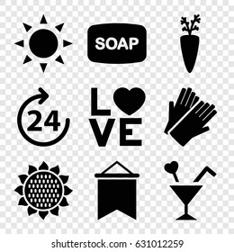 Orange icons set. set of 9 orange filled icons such as sun, sunflower, 24 hours, soap, gloves, love word, cocktail, flag