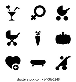 Orange icons set. set of 9 orange filled icons such as pumpkin, baby stroller, female, add favorite, cocktail, skate