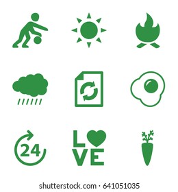 Orange icons set. set of 9 orange filled icons such as sun, 24 hours, reload, love word, egg, basketball player, bonfire