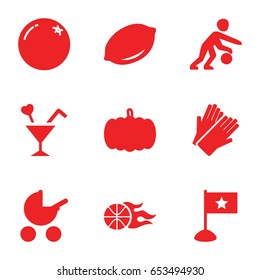 Orange icons set. set of 9 orange filled icons such as pumpkin, orange, lemon, baby stroller, gloves, cocktail, basketball, basketball player