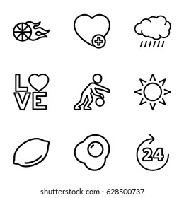 Orange icons set. set of 9 orange outline icons such as 24 hours, sun, lemon, add favorite, love word, egg, basketball
