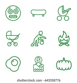 Orange icons set. set of 9 orange outline icons such as pumpkin, baby stroller, egg, bonfire, basketball player, shocked emoji, put money on card