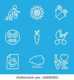 Orange icons set. set of 9 orange outline icons such as sun, sunflower, baby stroller, gloves, reload, love word, basketball player, shocked emoji