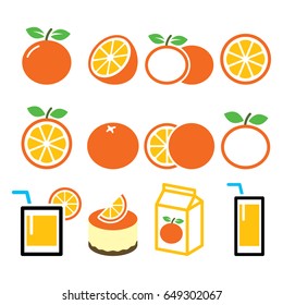 Orange icons set - food, nature concept vector designs  