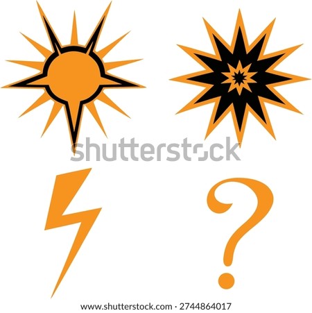Orange icons of sun star lightning bolt and question mark on white background