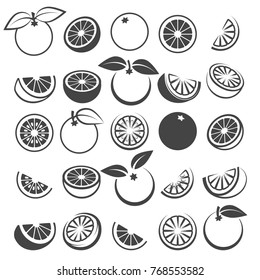 Orange icons. Tasty fresh vector black oranges fruits isolated on white background, citrus wedge, half and slices silhouette set