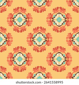 Orange ikat abstract ornament seamless pattern, floral ikat boho style. Vector illustration. Turkish tiles, Spanish pottery. Ideas for wallpaper, wrapping paper, tiles, carpets, rugs, and textiles. 