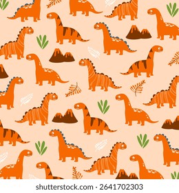 orange illustration of Brontosaurus dinosur pattern seamless cute design for kids apparel. This design is suitable for children's clothing textile industry