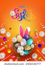 Orange illustration with Easter eggs in a nest, bunny ears.