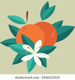 Orange illustration with leaves and white flower element.