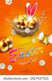 Orange illustration with a nest, sparkling Easter eggs in a golden hue and with bunny ears.